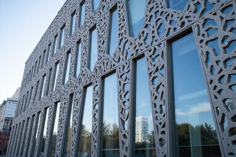 Modern building facade with abstract patterns