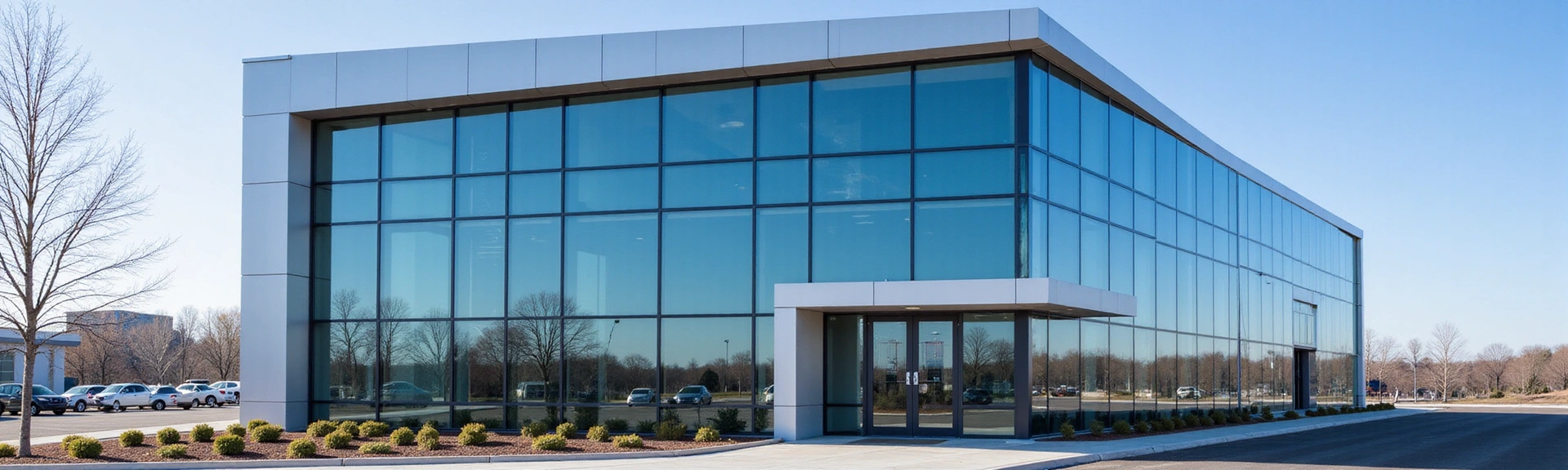 Modern office building exterior with a clear blue sky