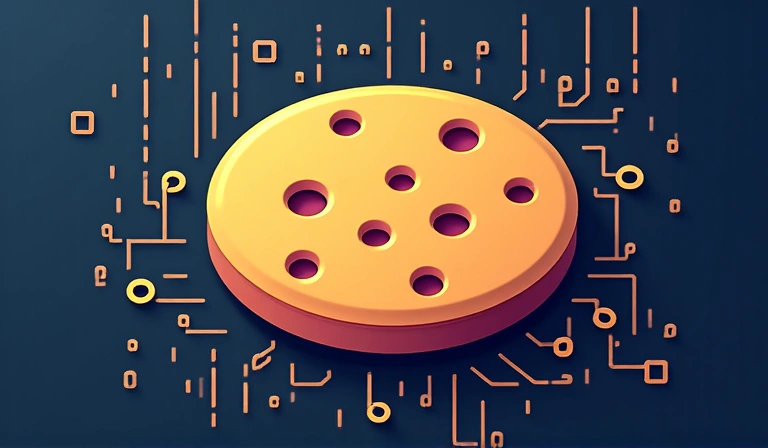 Cookie icon with digital elements around it, symbolizing website memory