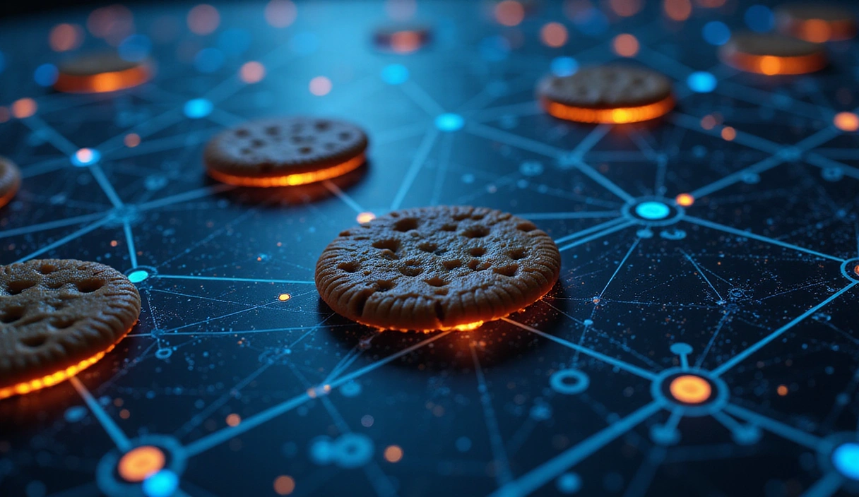 Digital cookies flowing across a network, representing data transfer and privacy