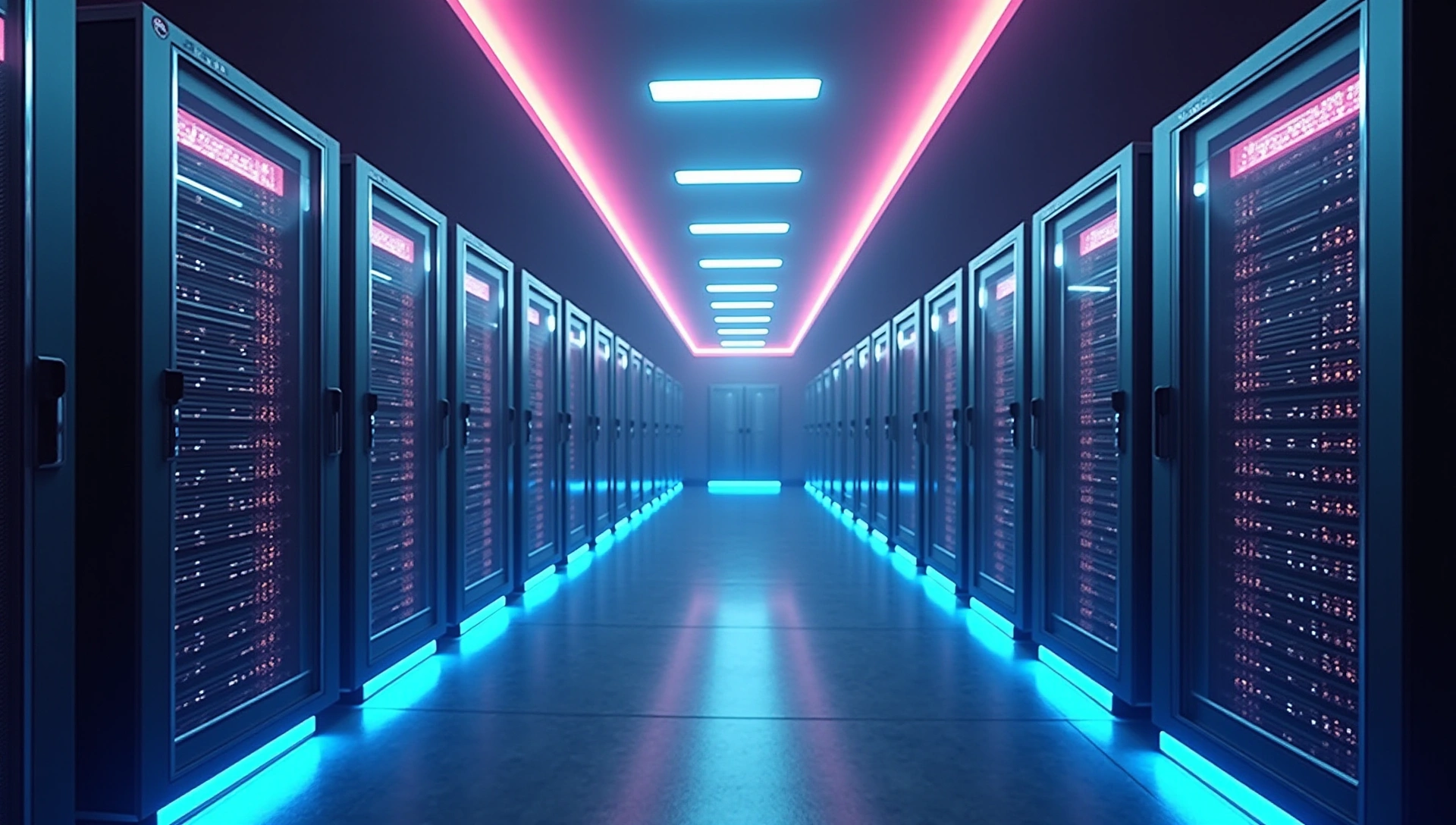 Futuristic gaming server room with glowing lights representing high performance