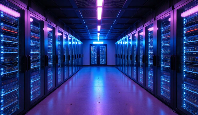 Server racks with glowing lights, symbolizing high performance computing
