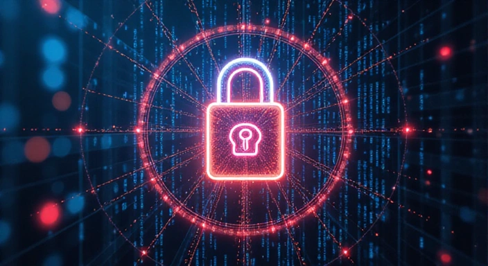 Cybersecurity lock icon with digital shield